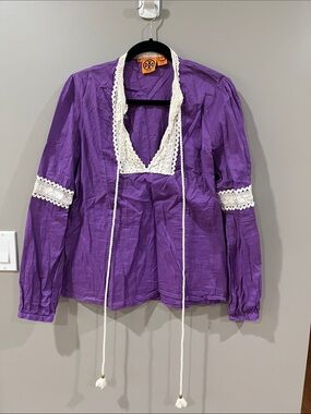 Tory Burch Purple Cotton Blouse with White Lace Trim